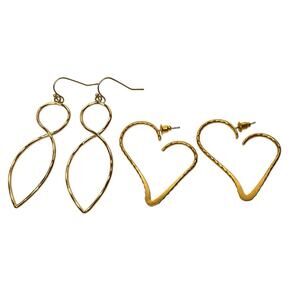 Dangle Earrings Lot 2 Pair Gold Tone Open Heart Hoops Drop Hammered Spiral Twist